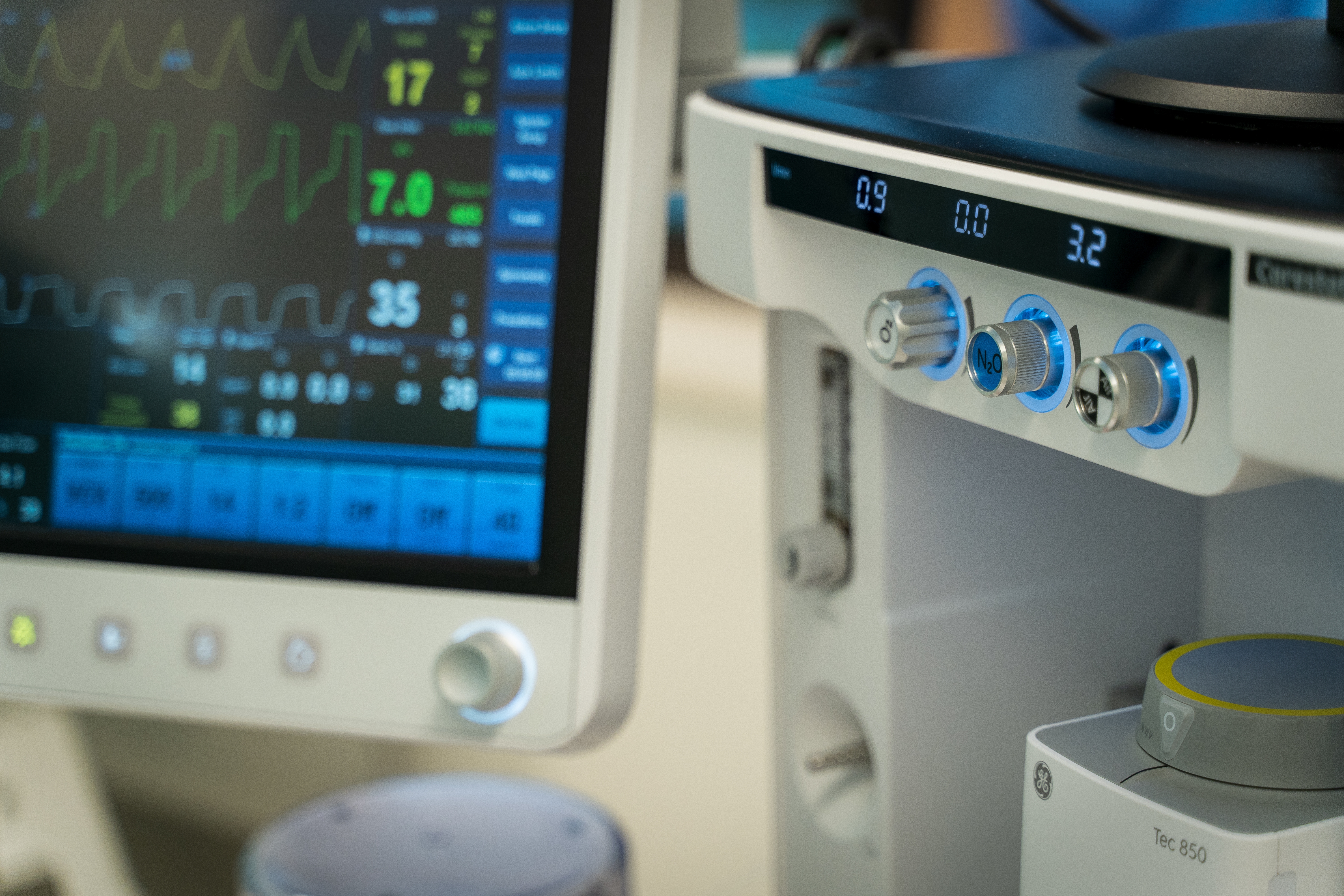 Anesthesia and monitoring equipment in a clinical room